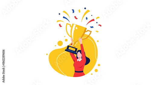 A person in red celebrating triumphantly with a large golden trophy and confetti