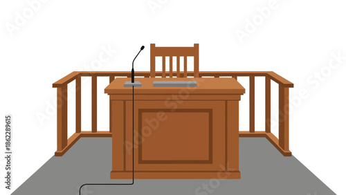 A courtroom desk with a microphone, chair, and railing, viewed from the front in a judicial setting