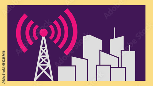 Telecommunication tower transmitting signals over the cityscape at dusk from a high viewpoint