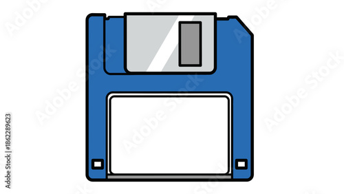 A blue floppy disk is viewed from the front showcasing its design and structure