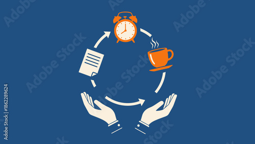 Hands exchanging documents and coffee with time management in a professional setting