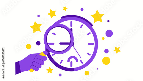 A hand examines a large clock face closely with a magnifying glass surrounded by stars