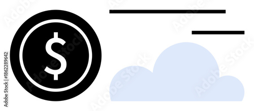 Cloud computing, digital finance, fintech, online banking, data storage, modern economy. Black dollar coin and blue cloud with abstract lines. Cloud computing and digital finance concept