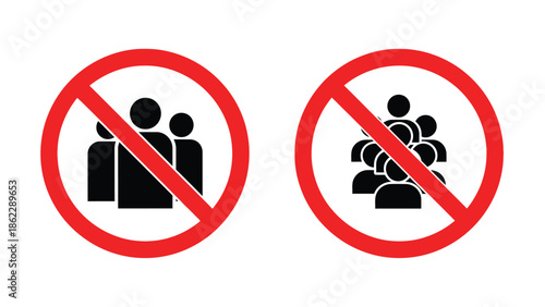 Red prohibition signs depicting silhouettes of people indicating no gatherings or assemblies are permitted in the designated area