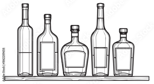 Collection of five assorted glass bottles on a shelf isolated on transparent background