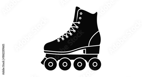 A simple black and white silhouette illustration depicting a single roller skate with visible wheels