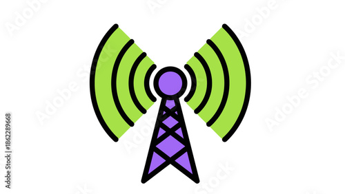 A purple wireless communication tower emitting green signal waves against a white background