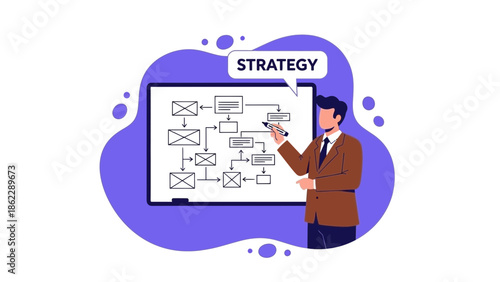 A businessman presents a strategy on a whiteboard to illustrate a business plan in a corporate environment from a frontal viewpoint