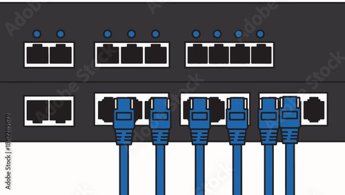 Network cables plugged into a switch or router device