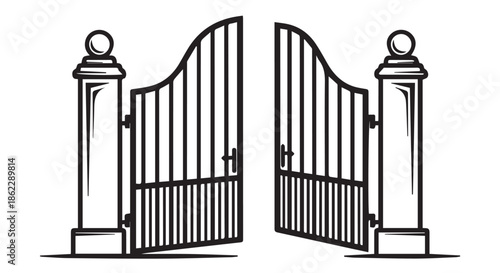 Ornate wrought iron gate, open, isolated on transparent background