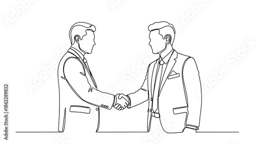 Line art depiction of two businessmen completing a successful handshake symbolizing a deal agreement or partnership in a professional setting