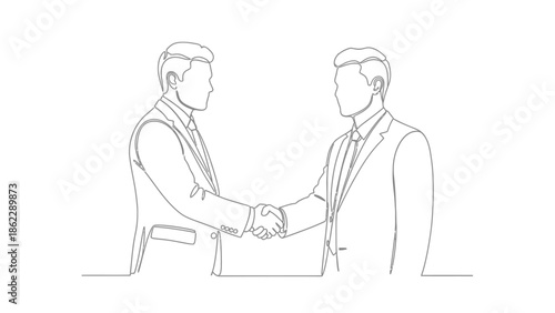 A single continuous line drawing depicts two businessmen in suits shaking hands symbolizing a successful agreement or partnership