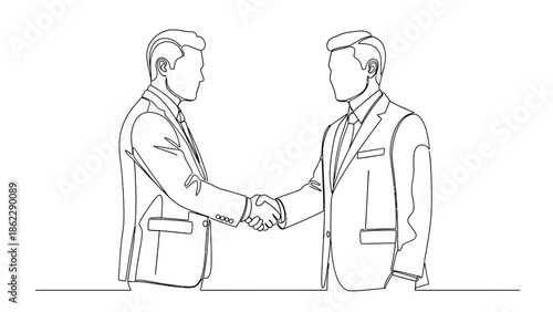 A minimalist line drawing depicts two businessmen in suits completing a firm handshake symbolizing agreement and partnership