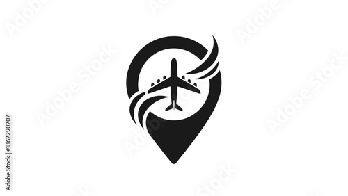 Black Airplane Icon with Swoosh Lines Inside Location Pin Symbol, Dynamic Travel and Flight Path Concept on Isolated White Background