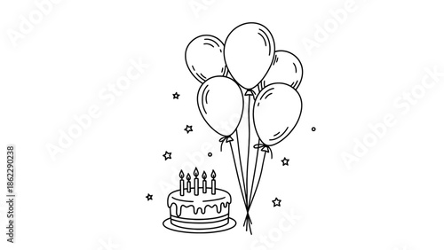 Outline Drawing of Birthday Balloons and Cake Illustration on Isolated White Background