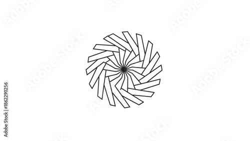 Abstract geometric spiral swirl pattern, line art, dynamic motion concept, isolated white background.