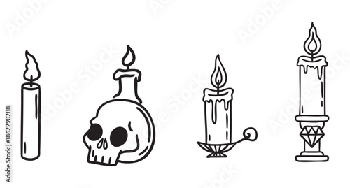 Candles set, holder candle, plain candle, skull candle, medieval vibe, monochrome line art hand drawn style