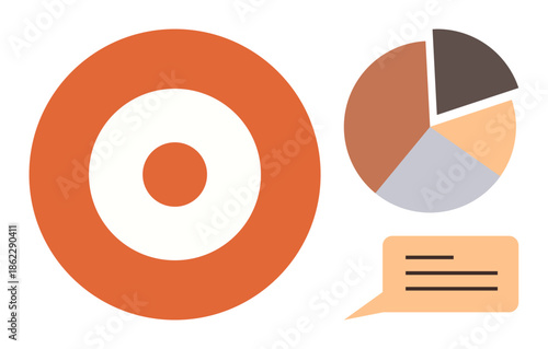 Concentric orange target, divided pie chart, and dialogue bubble for communication. Ideal for progress tracking, teamwork, analytics, decision making, marketing, presentation collaboration themes