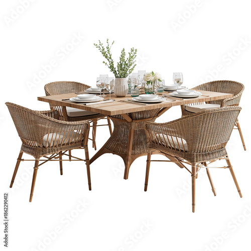 Outdoor Dining Table and Chairs Setup for a Meal at Sunset Near a Garden Spac...