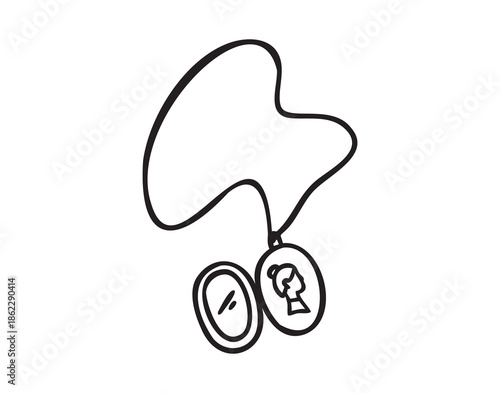 Oval locket with portrait of woman profile, monochrome line art hand drawn style
