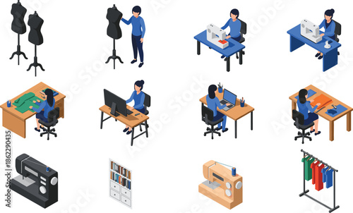 ) Isometric vector illustration set of fashion designers and tailors working at sewing machines, using mannequins, and cutting fabric in a clothing studio.