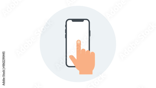A flat design illustration showcasing a mobile phone with a finger interacting with the screen inside a circular frame