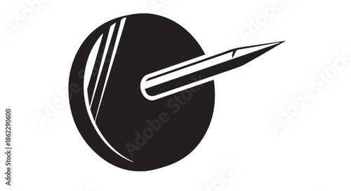 Black circle with a sharp needle piercing through it, isolated on transparent background