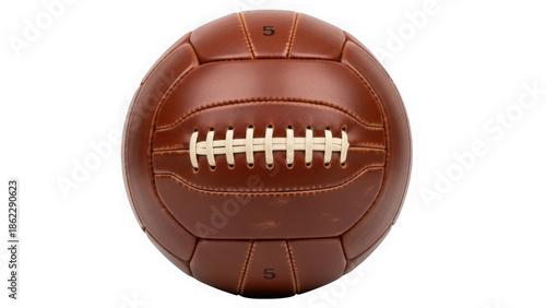 Brown leather football with white stitching