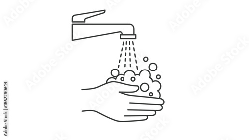 A simple line drawing depicts hands being washed under a faucet with streaming water and bubbly soap