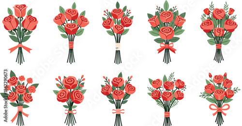 Set of Ten Red Rose Bouquets with Greenery & Ribbons Vector Floral Collection Ideal for Wedding Invitations, Valentine’s Day Cards, Romantic Gifts & Botanical Design Projects
