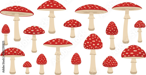 Flat vector illustration set of red amanita muscaria mushrooms with white spots in various sizes and shapes isolated on white background.