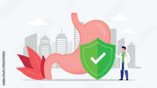 A visual representation of digestive health protection showing a stomach shield doctor and cityscape background high quality