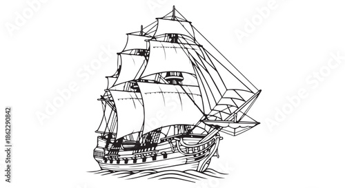Detailed illustration of an old sailing ship with full sails, navigating the open sea, isolated on transparent background