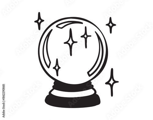 Crystal ball for divination, monochrome line art hand drawn style