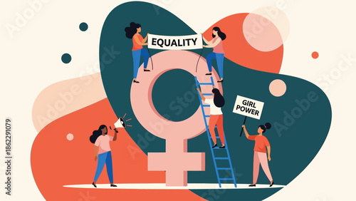 Diverse women collaborate to build and support the feminist symbol representing equality and girl power high quality