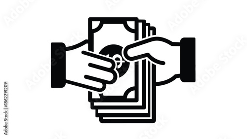 An illustration depicts a financial transaction with hands exchanging money symbolizing payment investment or a business deal