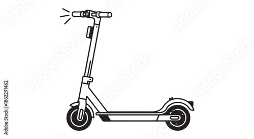 A black and white line drawing of an electric scooter with its headlight on isolated on transparent background