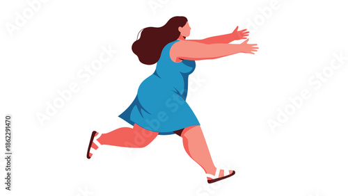 A vibrant illustration depicts a woman with flowing hair joyfully running forward with outstretched arms showcasing body positivity