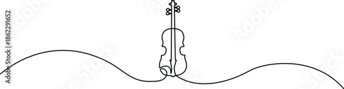 Minimalist one-line art of a modern violin outline on a wavy path, perfect for music logos, concert posters, and elegant web design.