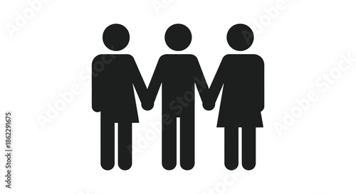 A simple black silhouette illustration depicts three figures holding hands representing unity and togetherness