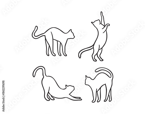 Four cats silhouettes set in simple boho poses, monochrome line art hand drawn style