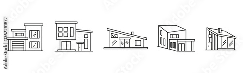 modern house line icon set, minimal black outline contemporary residential architecture illustrations for real estate, property development, housing design and urban planning concepts