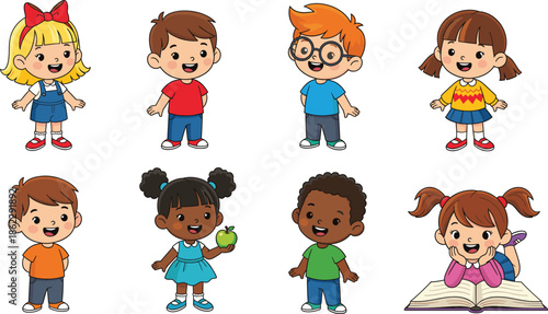 Cute diverse group of school children characters vector set with boys and girls in various outfits