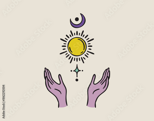 Two hands holding moon sun and star symbols, sacred cosmos, hand drawn