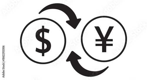 Dollar and yen currency exchange symbol with arrows, isolated on transparent background