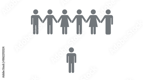 A visual depiction of a group of people holding hands together contrasted with a single isolated human figure below