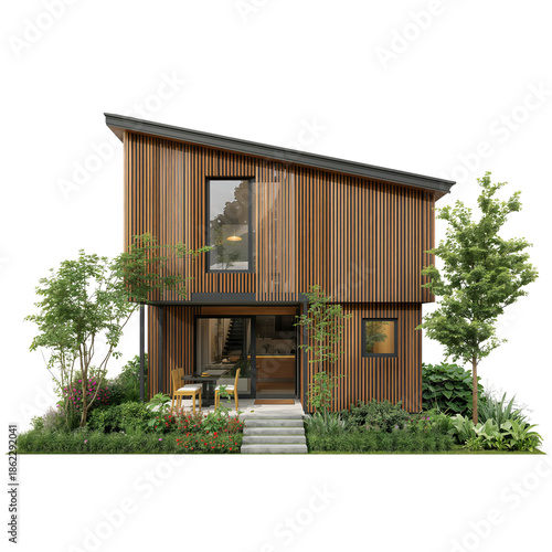 Modern House Design With Wooden Exterior and Garden in Bright Daylight