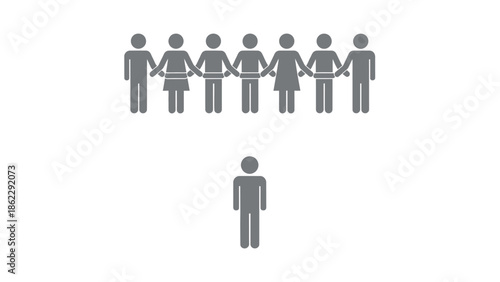 A simple illustration depicts a group of connected figures contrasted with a solitary individual figure standing alone below