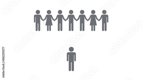 A simple illustration depicts six figures holding hands in a row contrasted with a single isolated figure below them