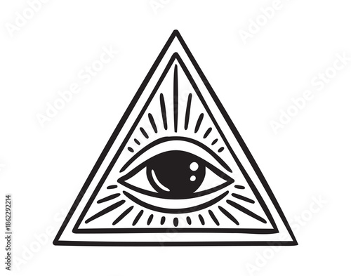 All seeing eye in triangle, monochrome line art hand drawn style